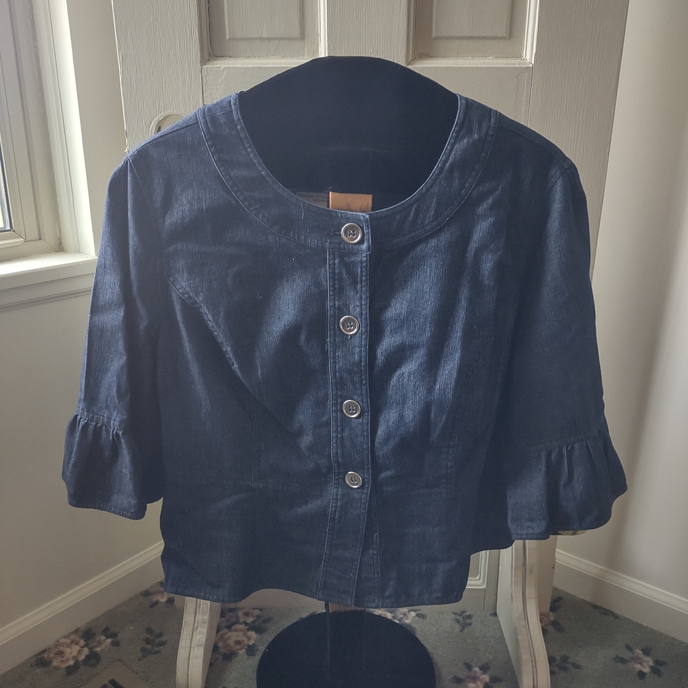 Sandro Dark Blue Jean Jacket with Ruffled Sleeves & Hemline